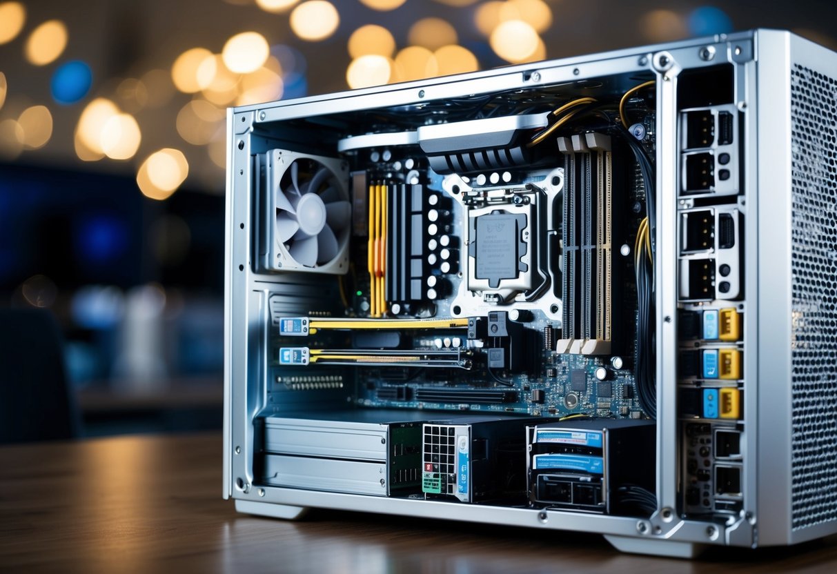 Dentro un computer: scheda madre, CPU, RAM, scheda grafica, disco rigido e alimentatore interconnessi