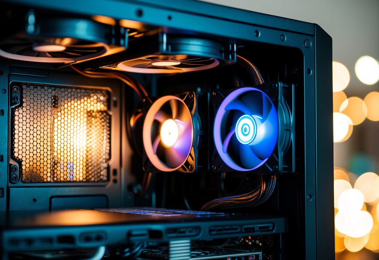 All'interno del computer, i dispositivi di raffreddamento ronzano silenziosamente, con le ventole che girano e i dissipatori di calore che disperdono il calore, creando un ambiente fresco ed efficiente.