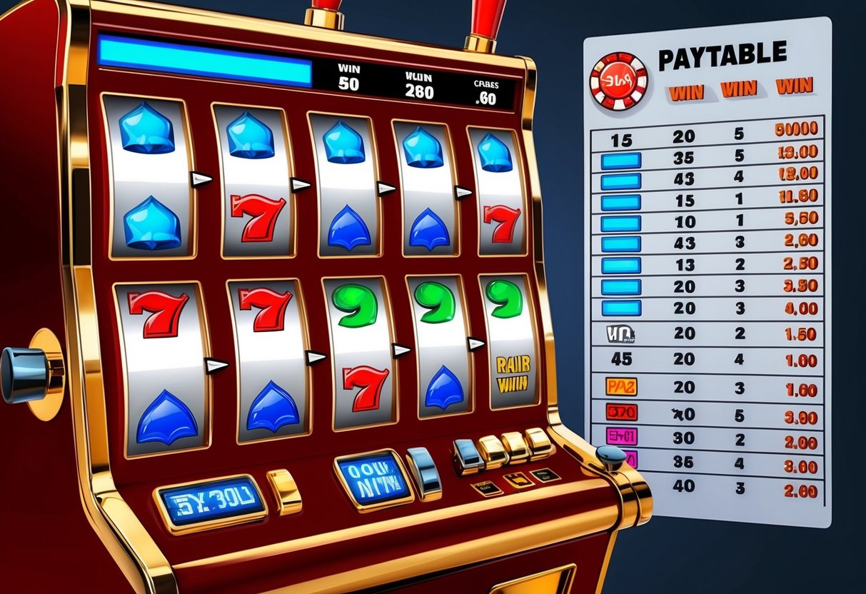 A slot machine with fluctuating symbols and a payout table displaying variable winning amounts