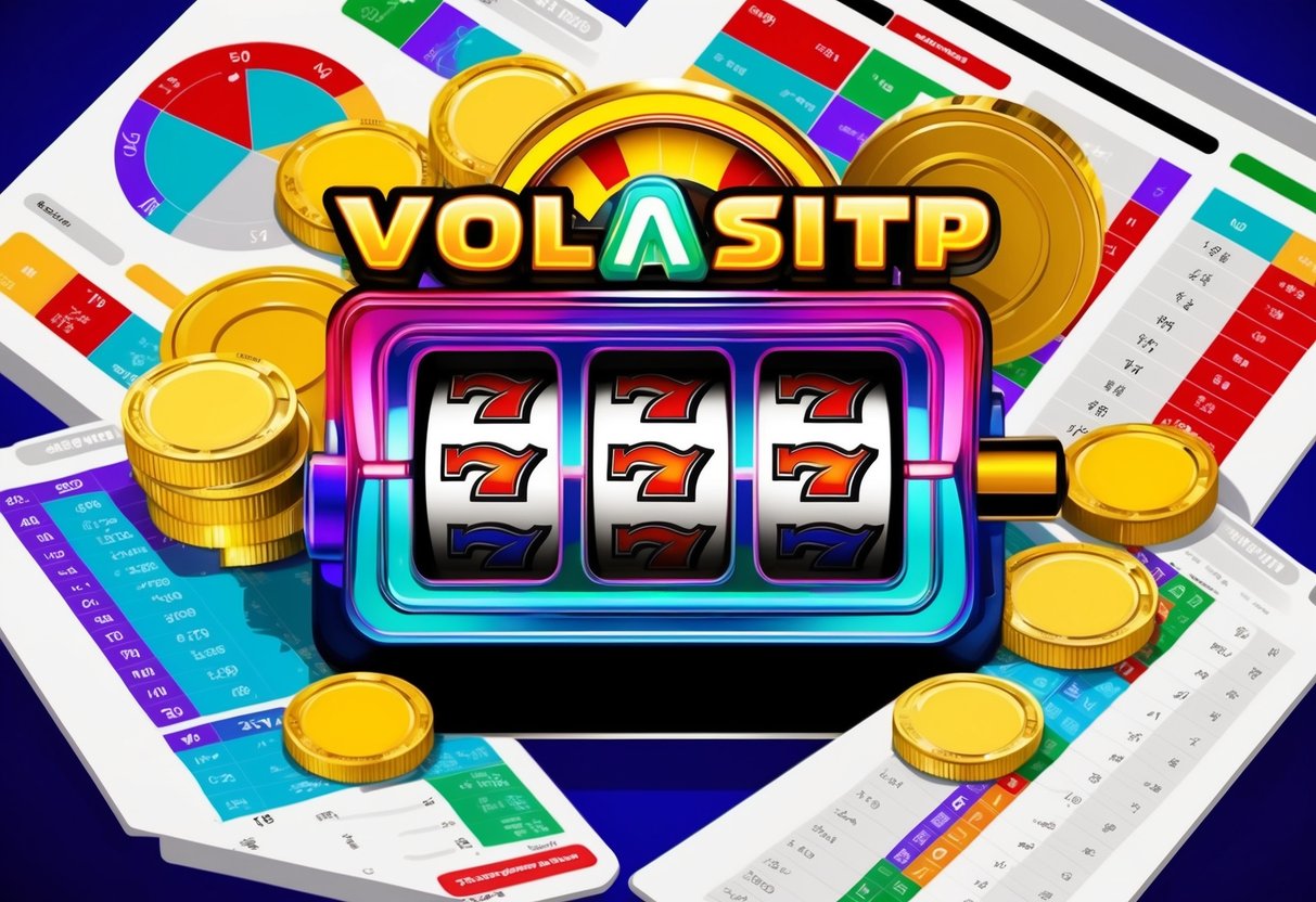 A colorful slot machine surrounded by graphs and charts, with a focus on volatility and RTP indicators