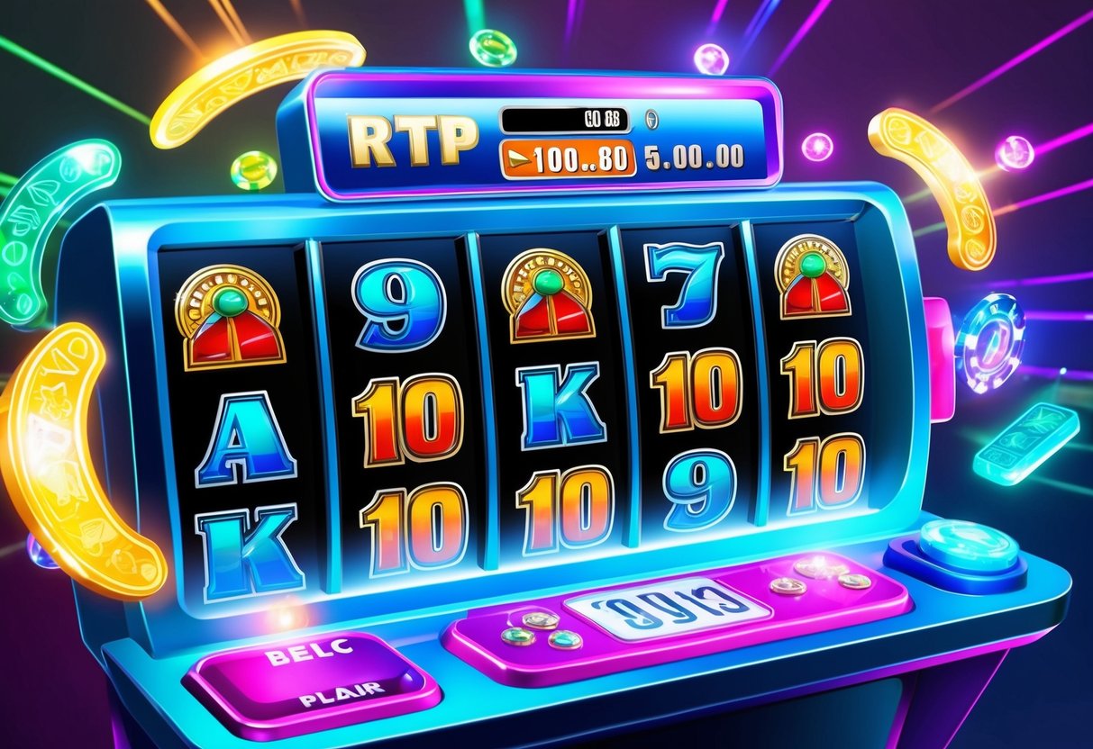 A slot machine with various symbols and numbers, surrounded by colorful lights and flashing animations, with a clear display of the RTP percentage