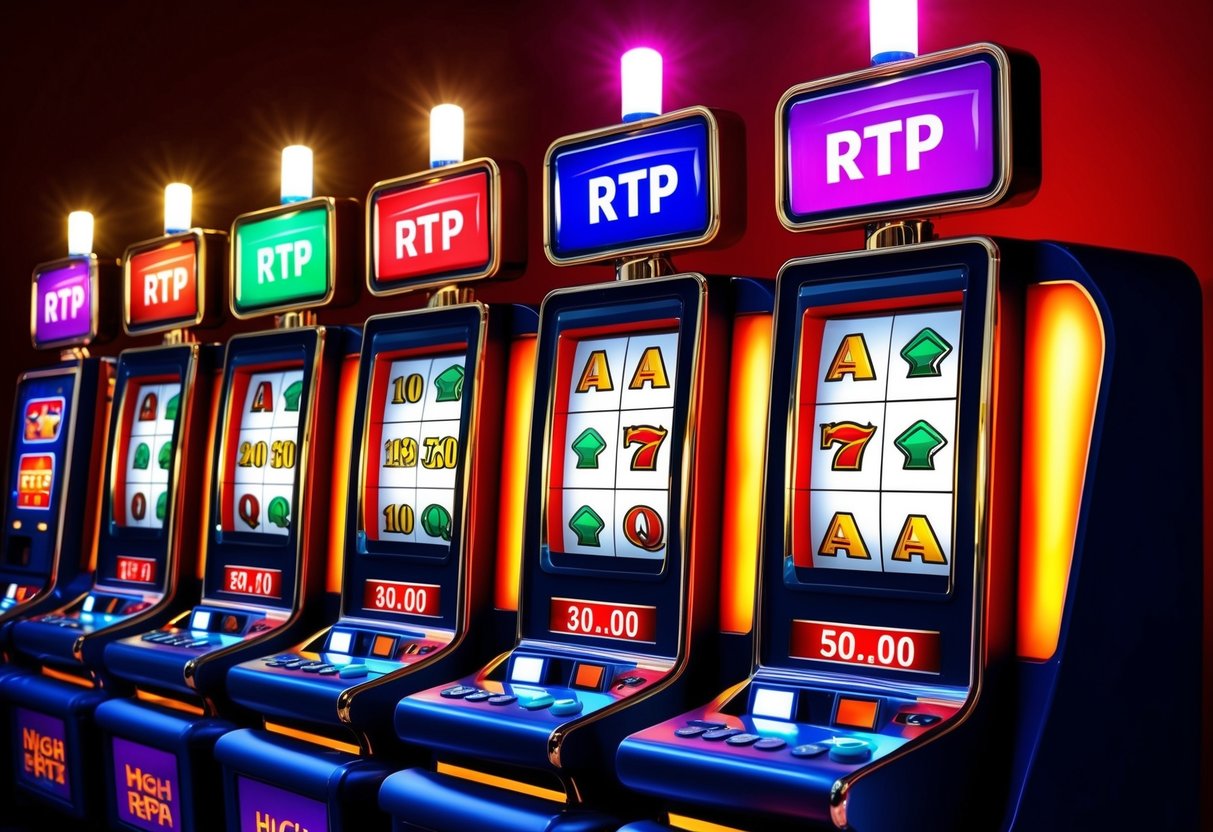 A row of high volatility slot machines with various symbols and bright flashing lights, displaying their respective RTP percentages