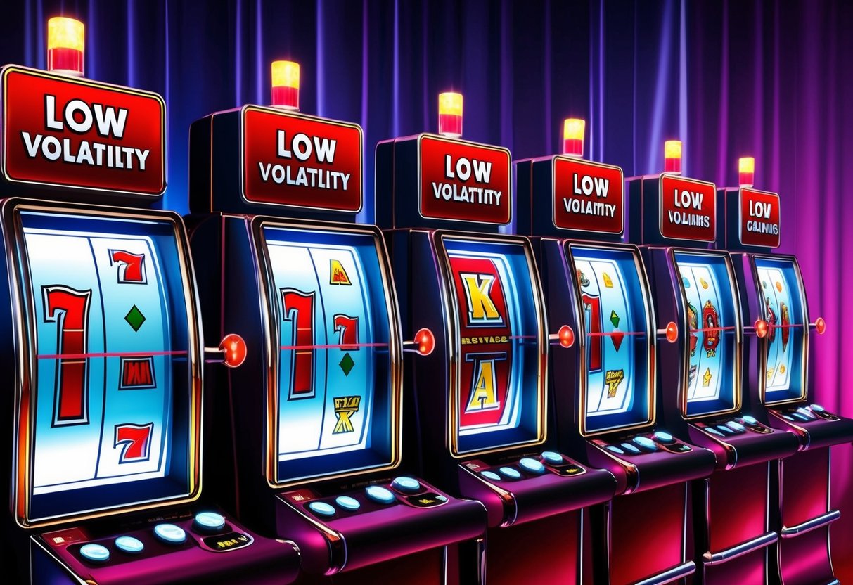 A row of low volatility slot machines with a graphic showing RTP percentages