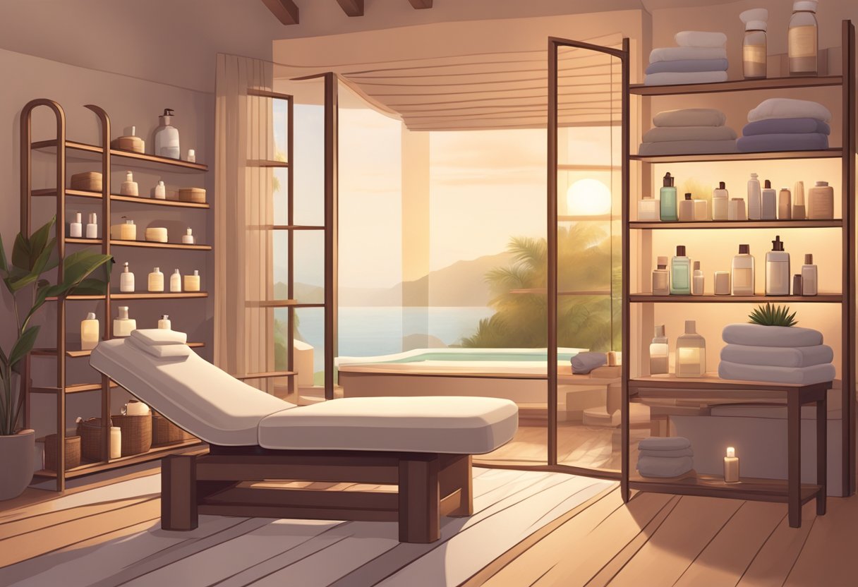 A serene spa room with soft lighting, a massage table, and shelves of skincare products. A cozy chair and a calming atmosphere