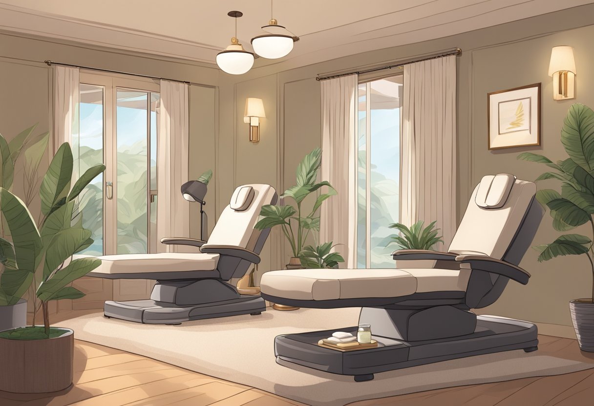 A serene spa room with soft lighting, plush chairs, and calming decor. A therapist applies a facial treatment to a reclined client