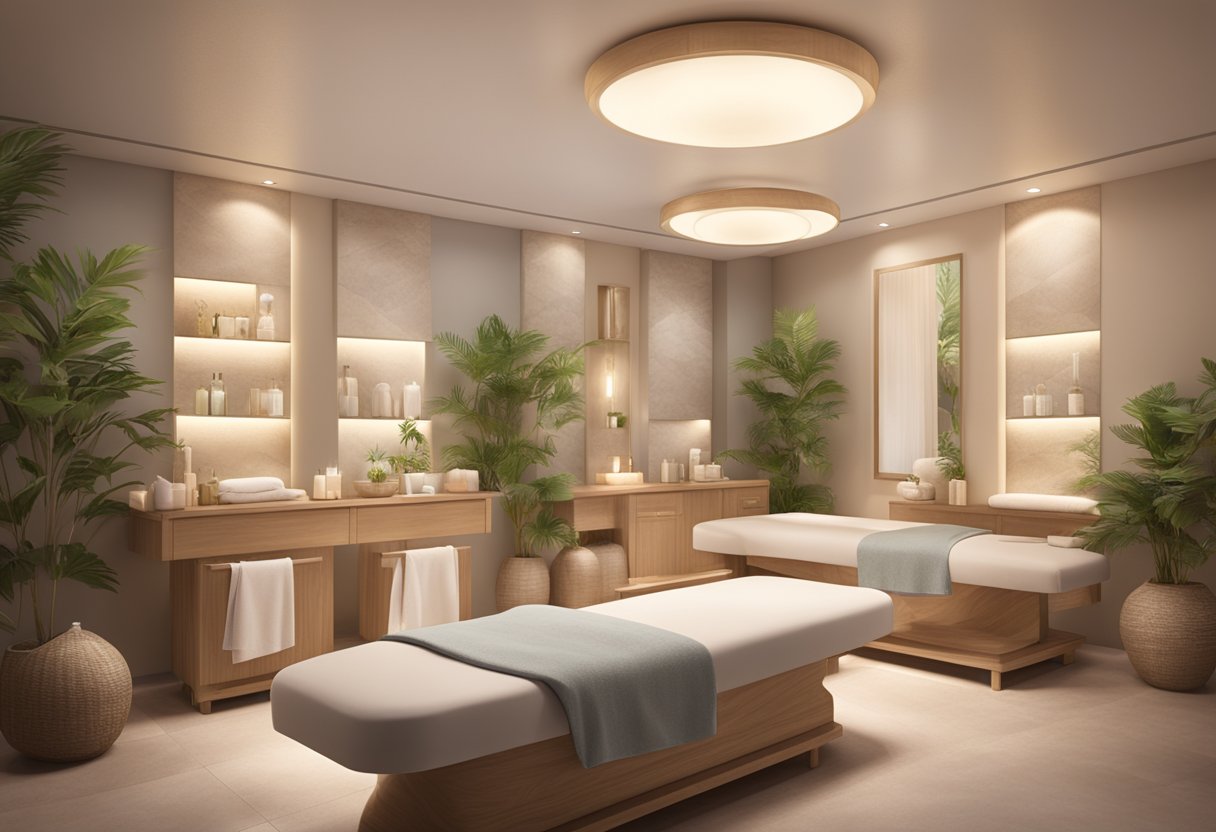 A serene spa setting with various facial treatment stations, soft lighting, and calming decor