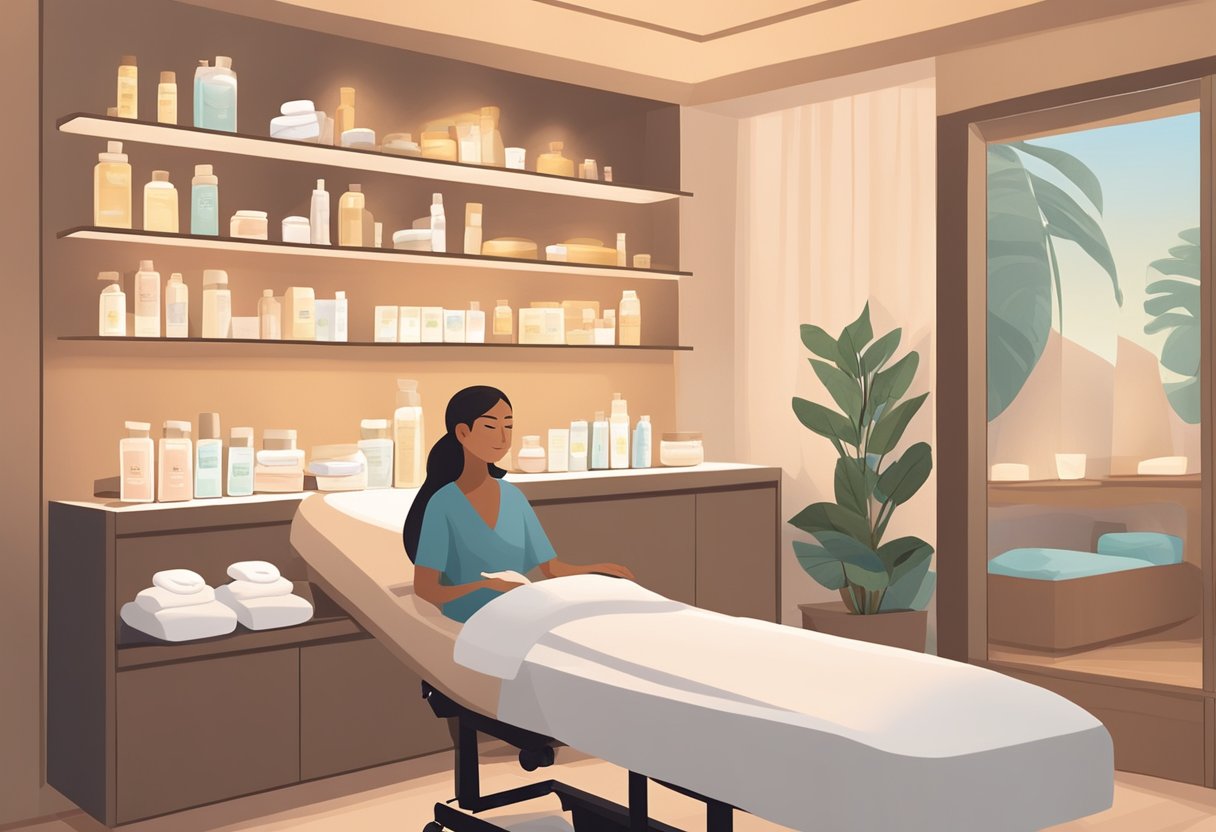 A serene spa room with soft lighting, a comfortable treatment bed, and shelves of skincare products. An esthetician performs a facial treatment on a client using gentle, precise movements