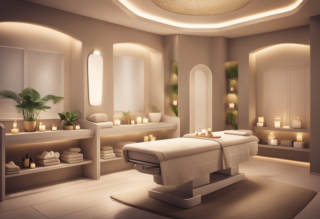 A serene spa room with soft lighting and calming decor, showcasing various facial treatment products and equipment