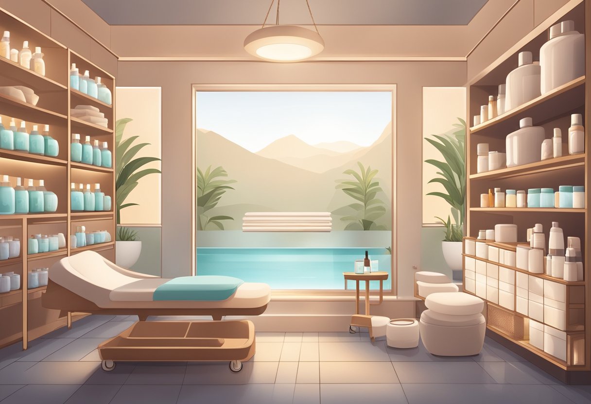 A serene spa room with soft lighting, comfortable seating, and shelves lined with skincare products. Aesthetic equipment and tools are neatly organized on a cart