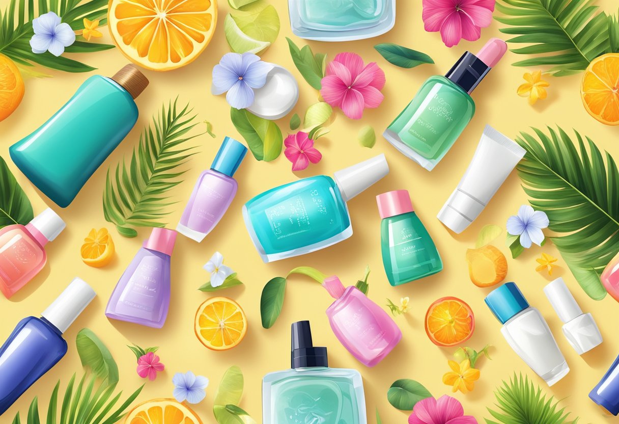 A colorful array of nail care products arranged on a sunny, beach-themed background, with vibrant flowers and tropical fruits scattered around