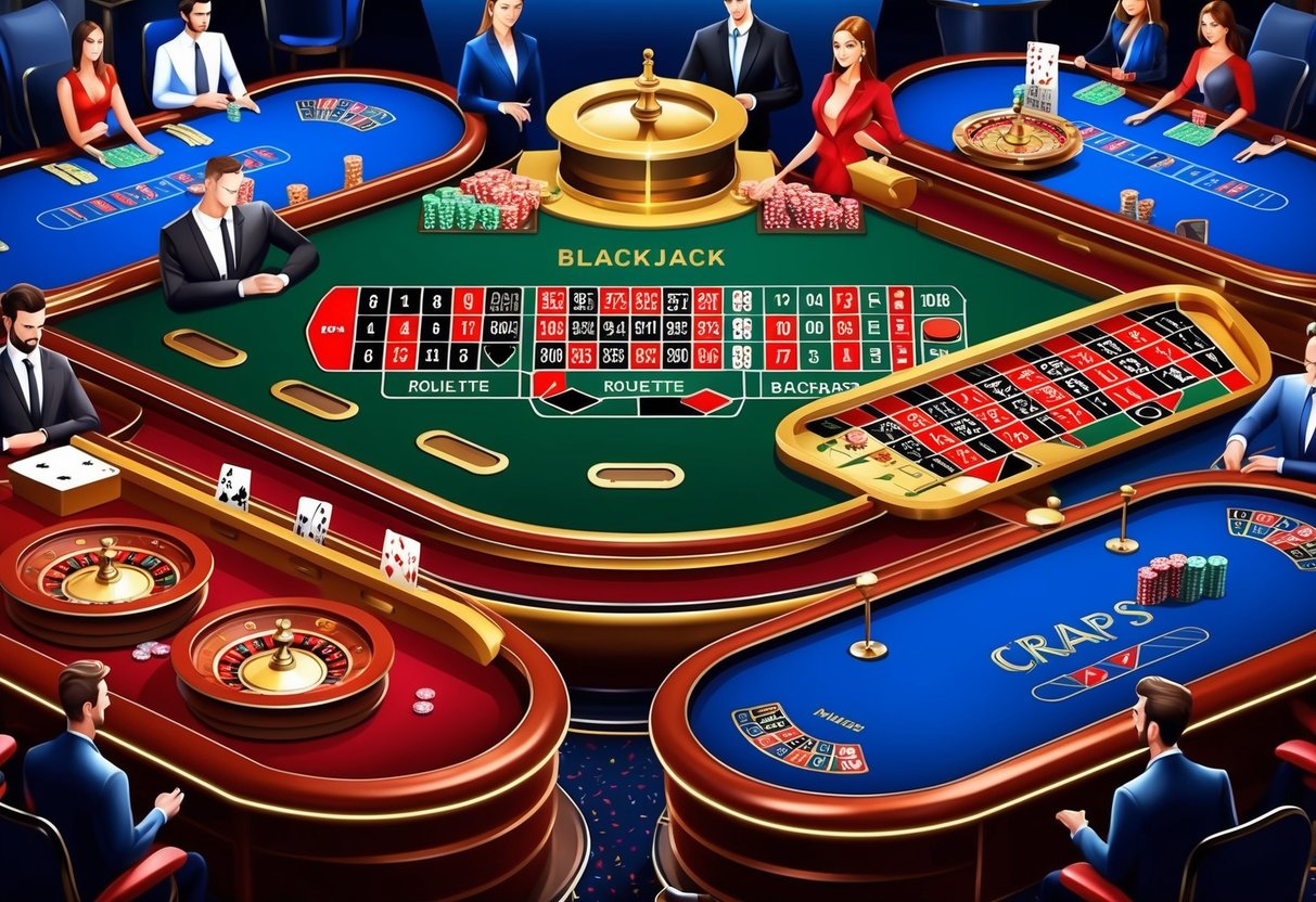 Une scène de casino en ligne vibrante avec des tables pour le poker, le blackjack, la roulette, le baccarat et le craps, entourée de joueurs virtuels.