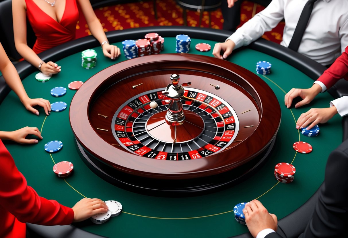 Une roue de roulette tournant avec des jetons éparpillés autour, entourée de joueurs à une table dans un casino en ligne