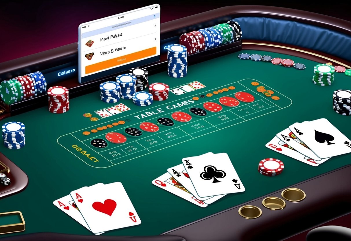 Une table de blackjack virtuelle avec des cartes et des jetons, entourée d'une interface numérique affichant les 5 jeux de table les plus joués dans les casinos en ligne.