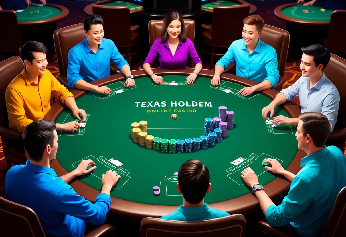 Un groupe de joueurs est assis autour d'une table en feutre vert, des jetons empilés devant eux, alors qu'ils jouent à une partie de Texas Hold'em dans un casino en ligne.