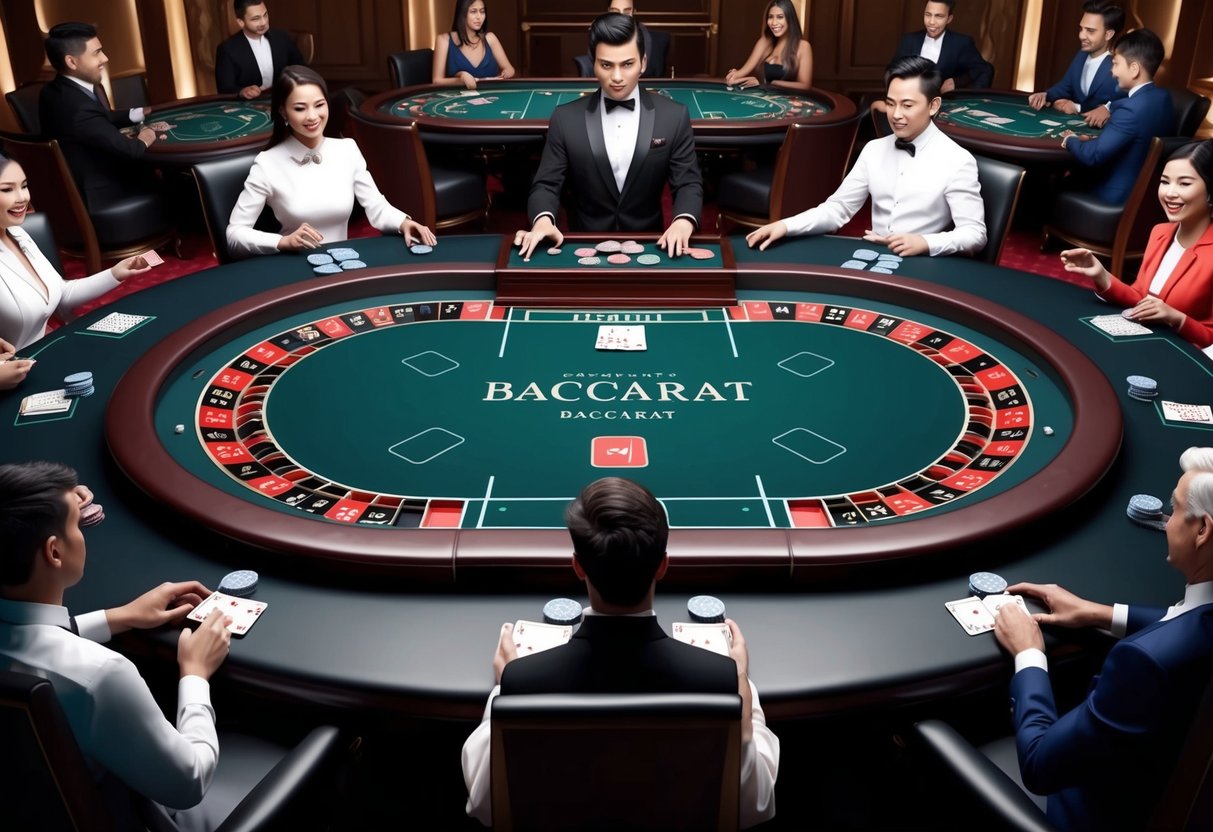 Une table de baccarat élégante avec des cartes et des jetons, entourée de joueurs impatients dans un cadre de casino en ligne raffiné.