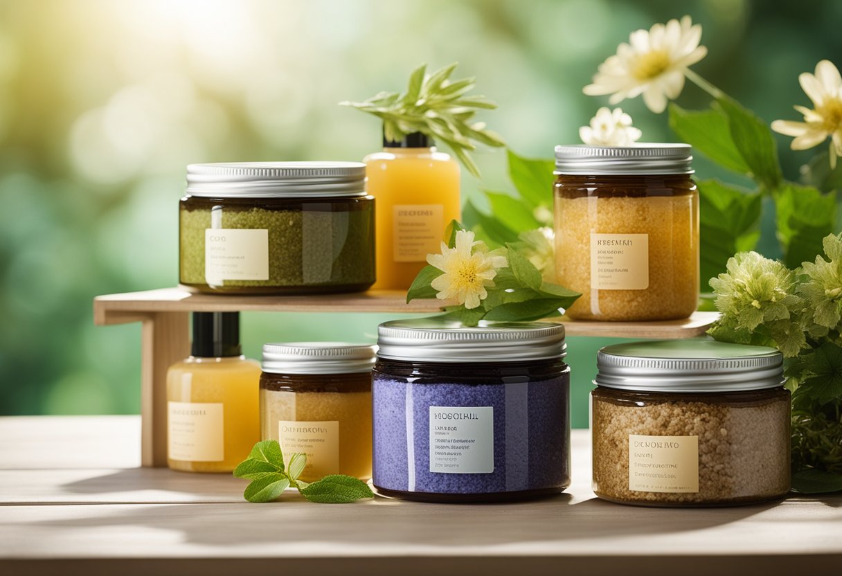 A variety of body scrub containers arranged on a shelf, surrounded by natural elements like flowers and leaves, with a soft, diffused light illuminating the scene