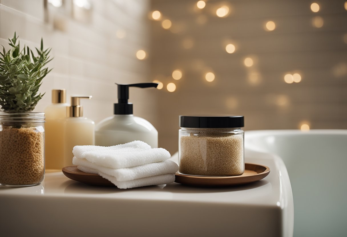 A serene bathroom scene with a variety of body scrubs neatly arranged on a shelf, a loofah hanging nearby, and a steaming shower in the background