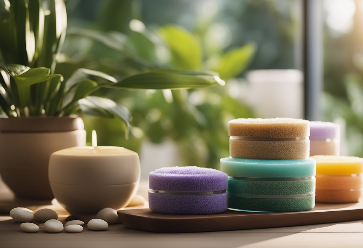 A serene spa setting with shelves of colorful body scrub containers, a soft towel, and a potted plant in the background