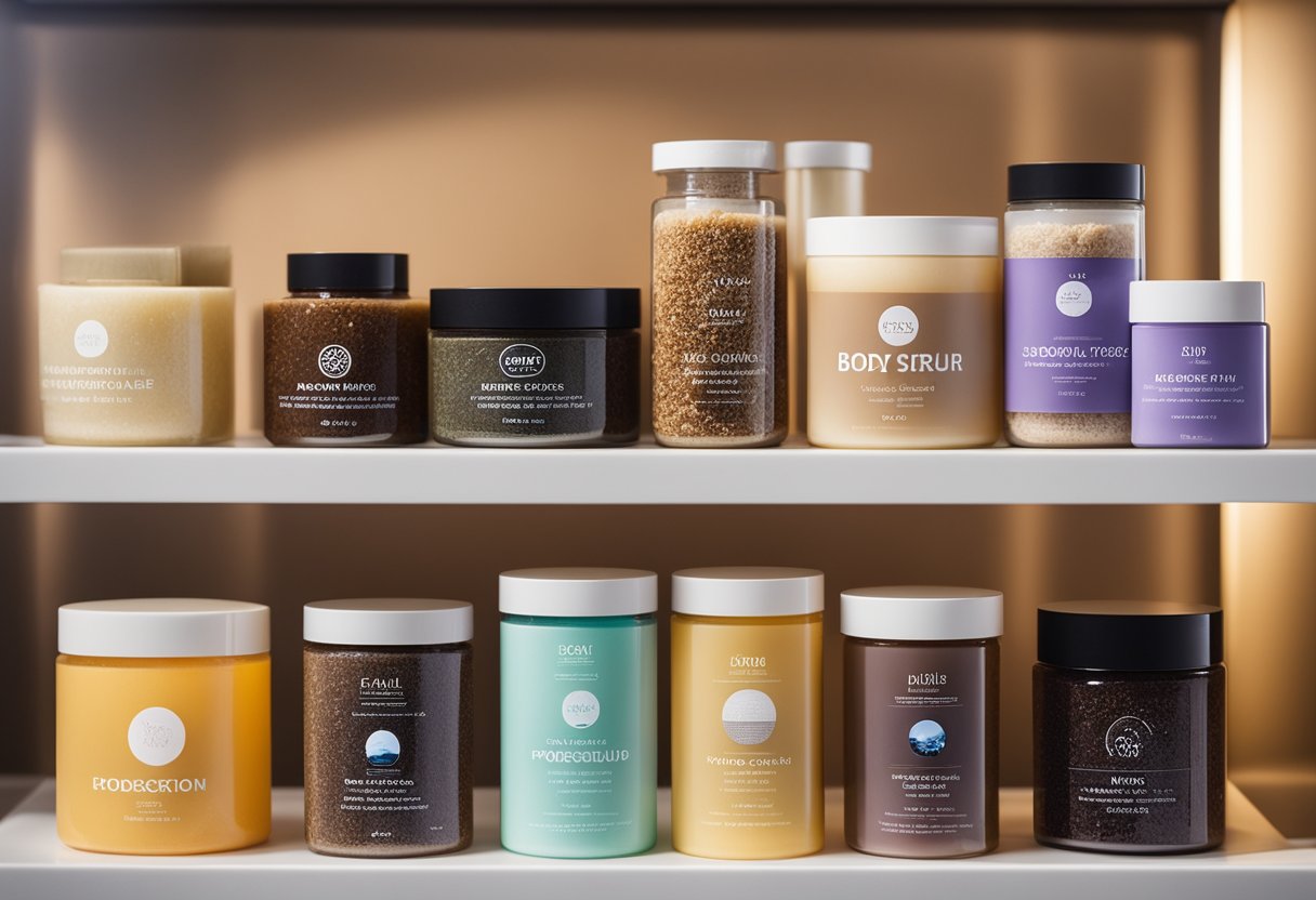 A variety of body scrub containers arranged on a shelf, with colorful labels and different textures visible