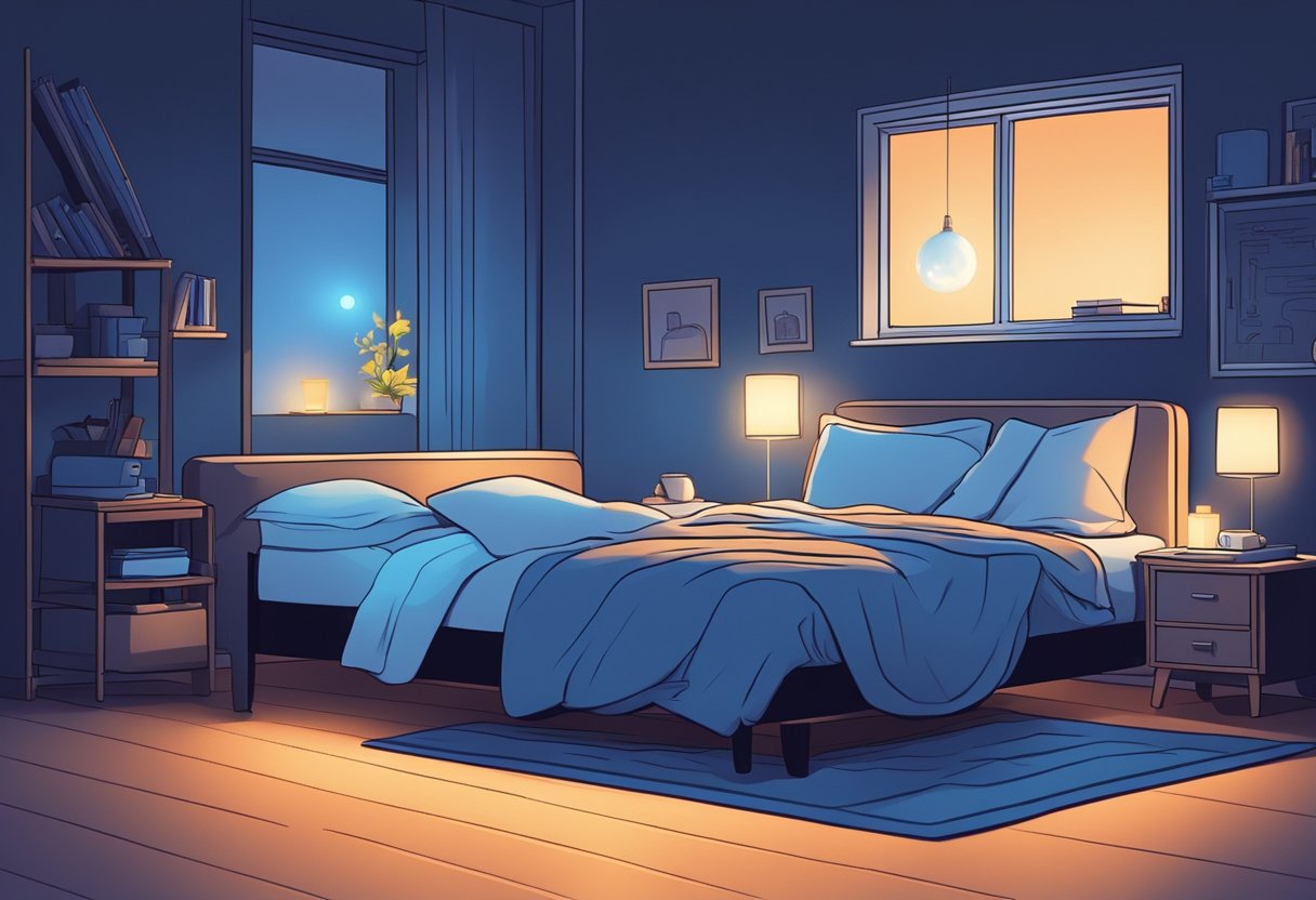 Um quarto mal iluminado com um smartphone brilhando em uma mesa de cabeceira, emitindo uma luz azul sobre o ambiente enquanto a figura de uma pessoa dormindo está deitada na cama.