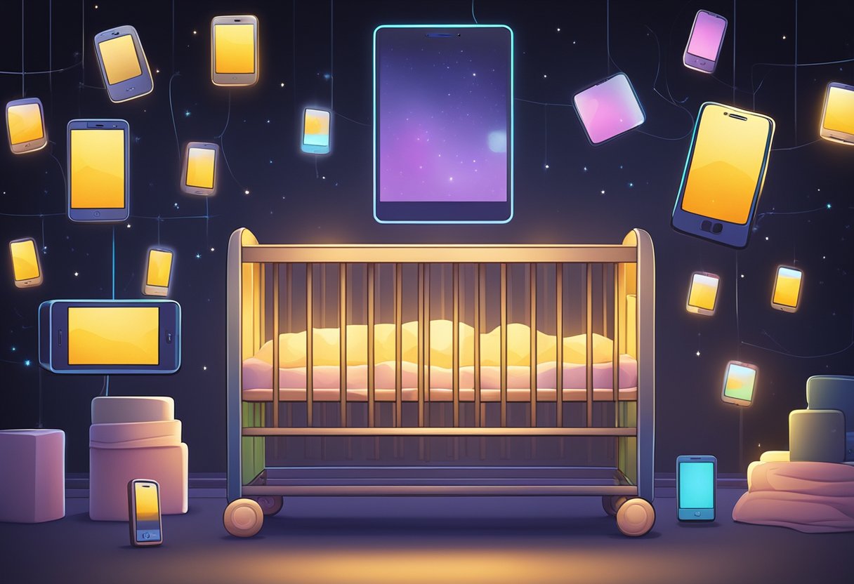 Um berço de bebê cercado por telas de smartphone brilhantes em um quarto escuro em referencia ao artigoSmartphones e sono infantil: como as telas prejudicam o descanso das crianças