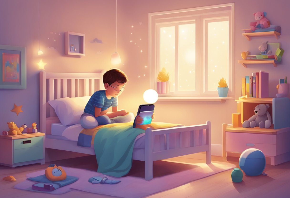 O quarto de uma criança pequena com um smartphone emitindo um brilho intenso, enquanto a criança dorme inquieta na cama em referência ao artigo Smartphones e sono infantil: como as telas prejudicam o descanso das crianças