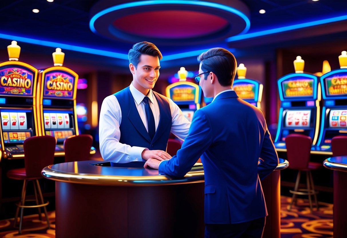 A casino employee helps a customer at a service counter, surrounded by bright slot machines and gaming tables.