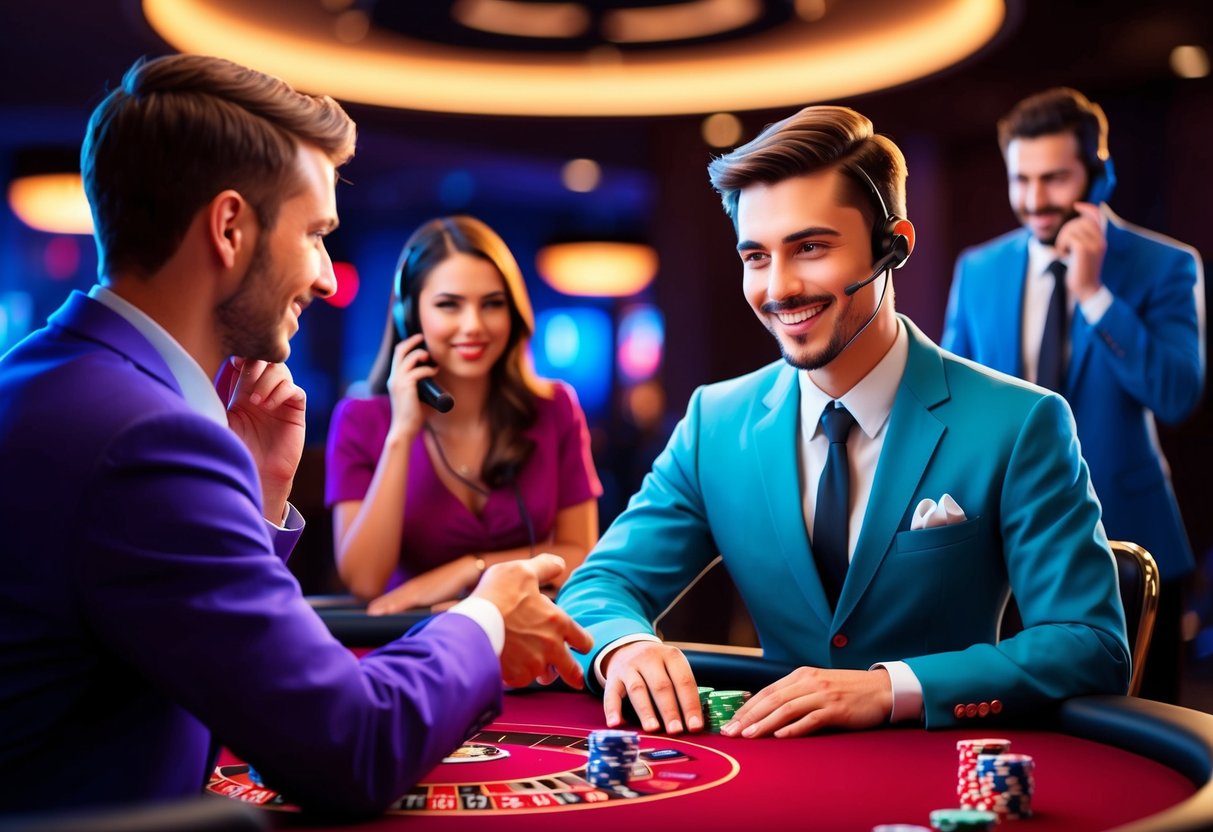 A casino customer support agent helps a player with a smile, while another agent answers a telephone call in the background.