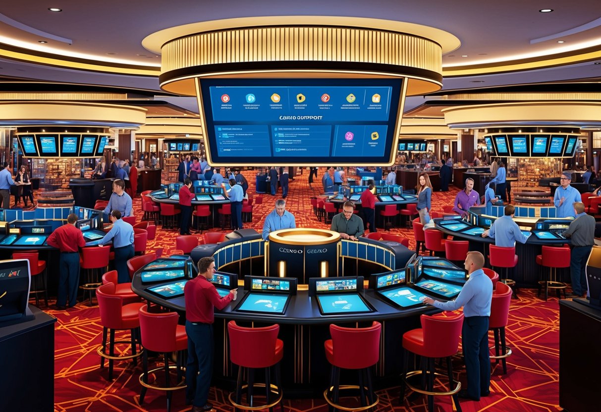 An animated casino floor with customer support kiosks, staff assisting guests, and a digital help center displaying various channels of communication.