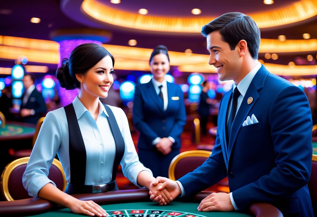 A customer service representative from the casino helpfully assists a client, while another staff member observes from a distance. The lively casino floor is visible in the background.