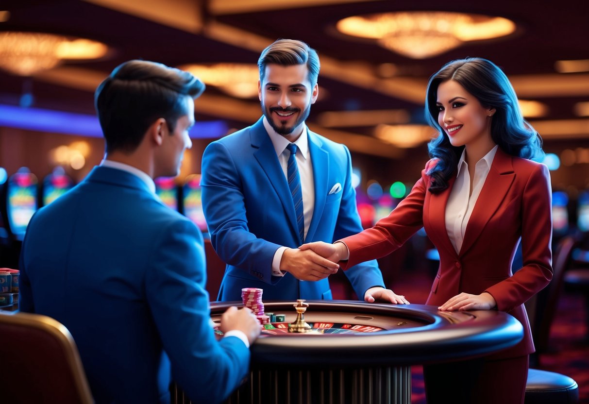 A customer service representative assisting a player at a casino help desk