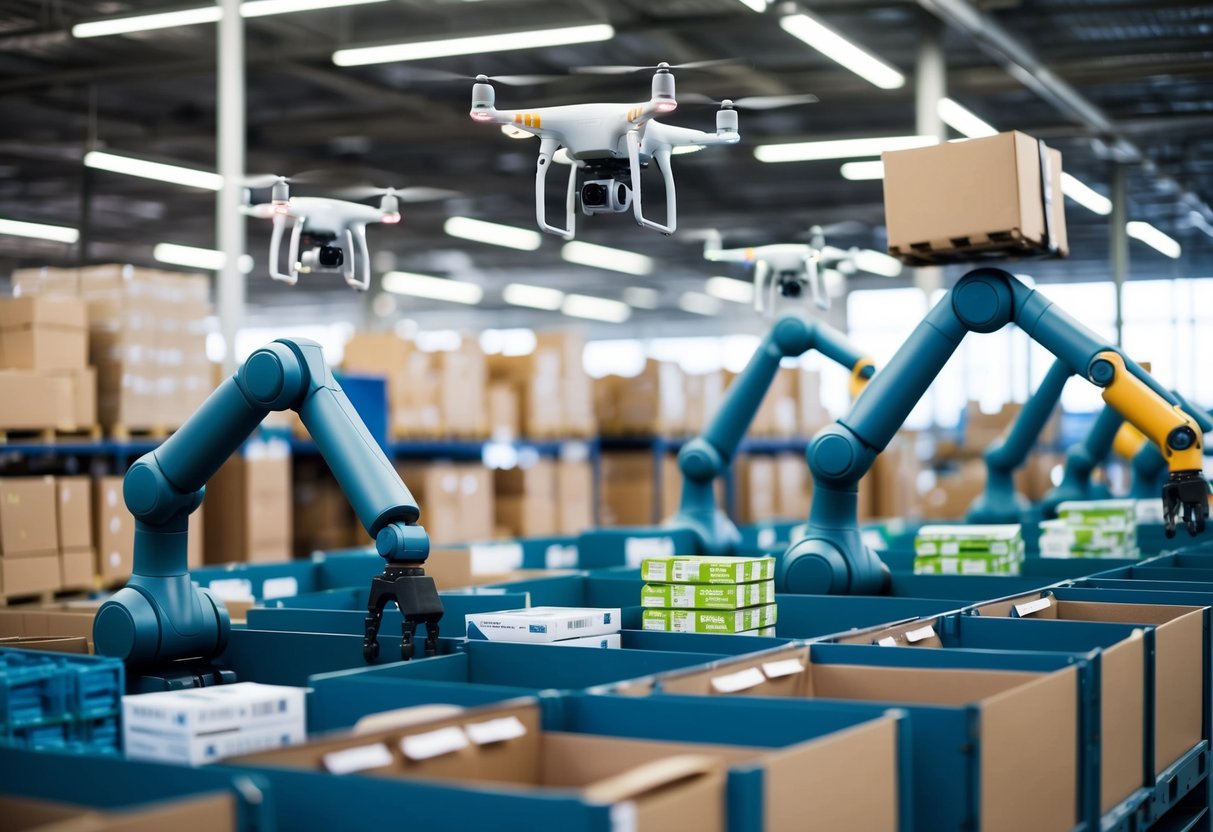 A bustling warehouse with robotic arms sorting and packaging products, while drones fly overhead delivering packages to customers