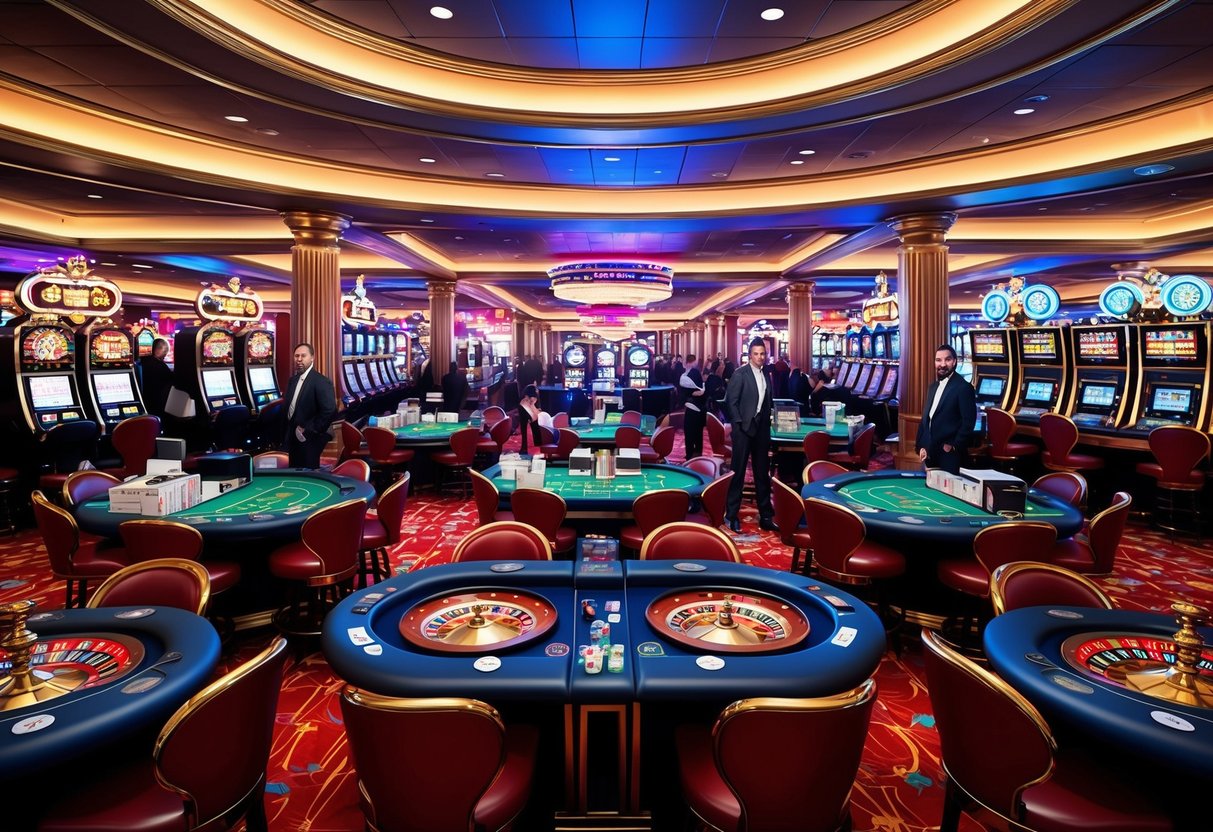 Un sol de casino animé avec des machines à sous, des tables de poker et des roues de la roulette, entouré de clients glamour et de lumières néon colorées.