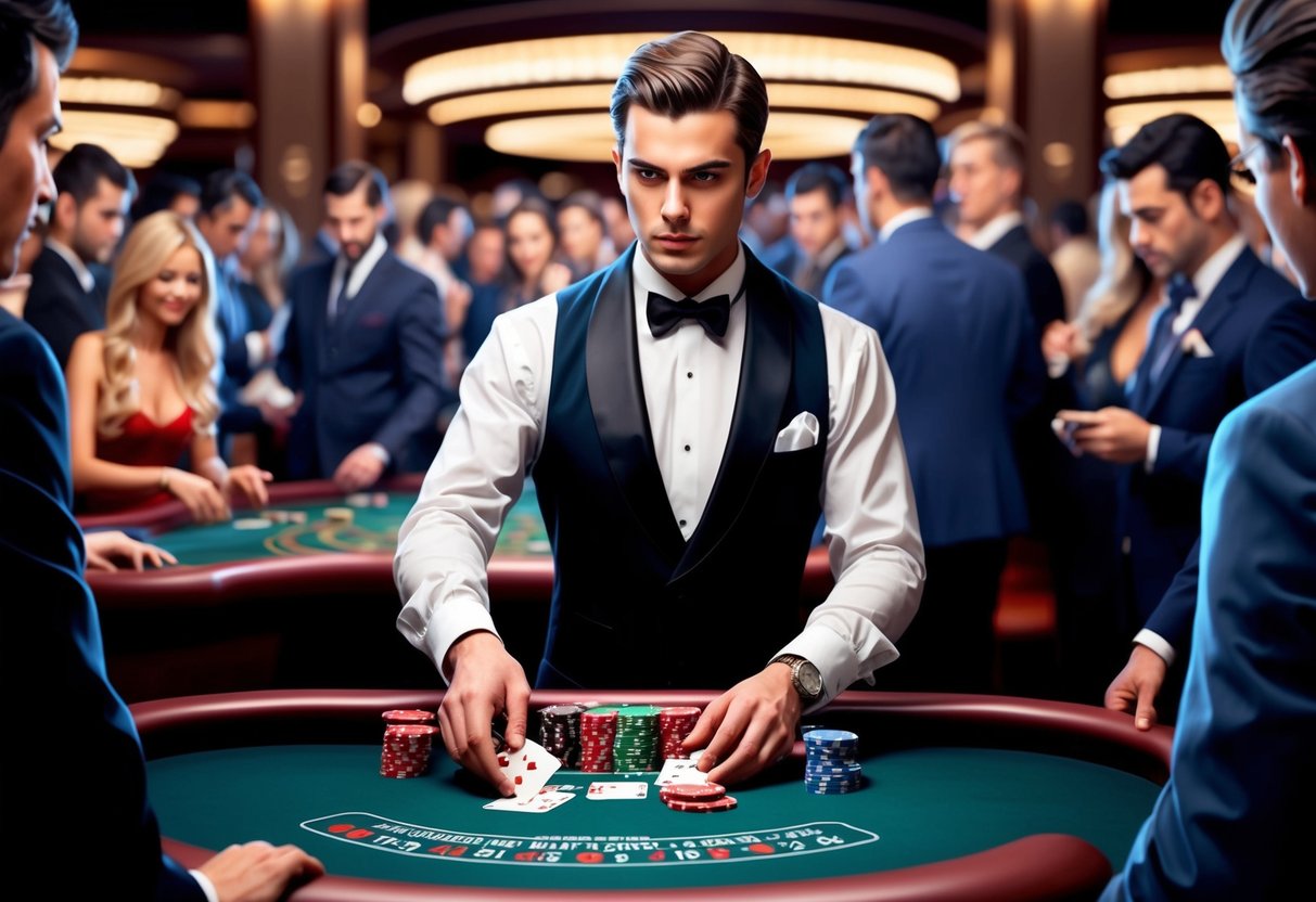 Un croupier distribue des cartes à une table de casino bondée