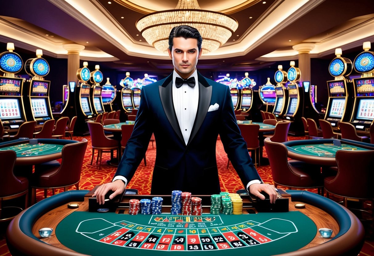 Un joueur suave en smoking, entouré de machines à sous clignotantes et de tables de cartes élégantes dans un casino luxueux.