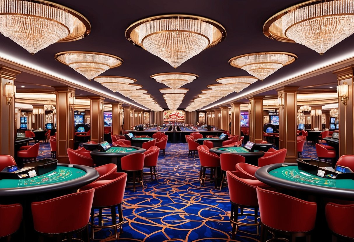 Un casino glamour avec une décoration élégante, des lustres et un sol de jeu animé