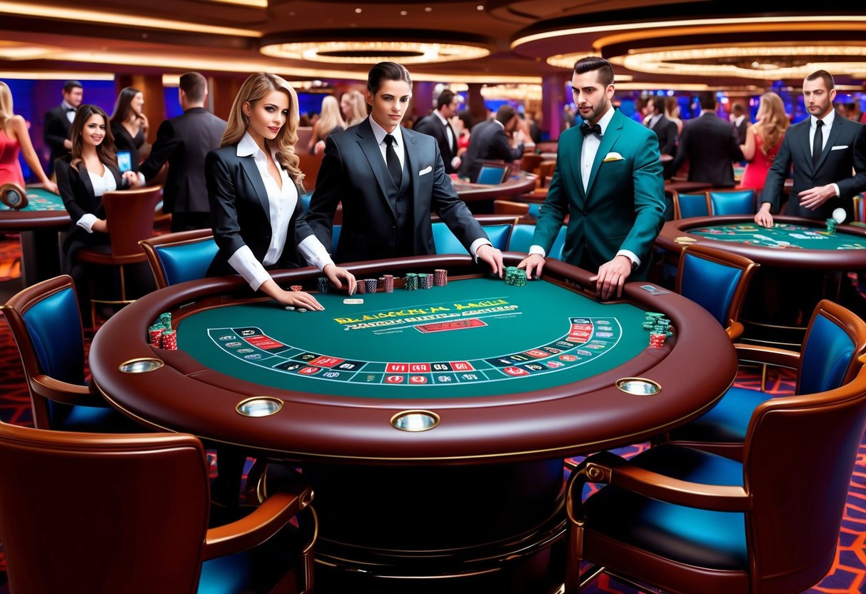 Une table de blackjack entourée de joueurs et de croupiers dans un casino animé