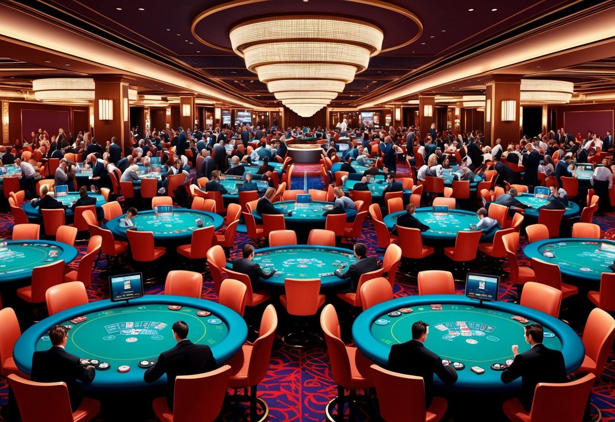 Un sol de casino bondé avec des tables de poker et des joueurs, entouré de lumières clignotantes et des sons des jetons qui s'entrechoquent et des cartes qui se mélangent.