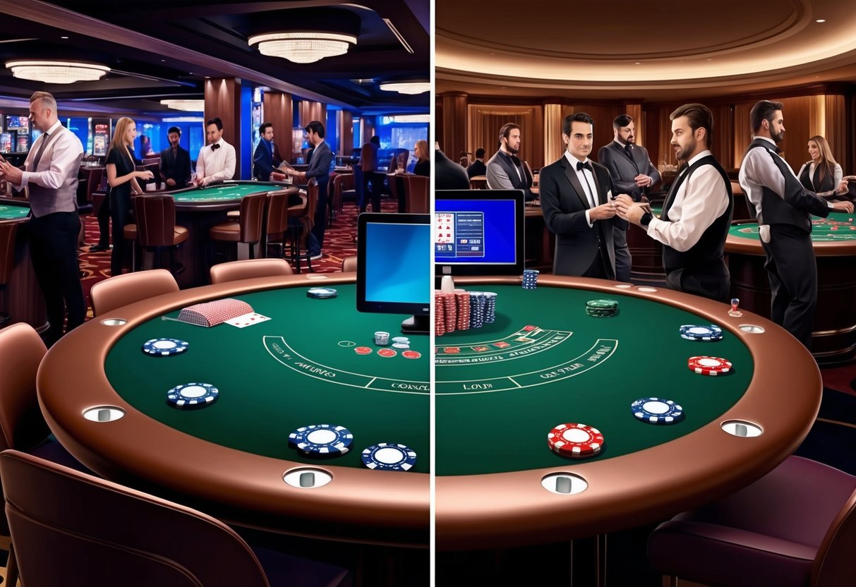 Une table de poker avec des jetons, des cartes et un écran d'ordinateur d'un côté, et un cadre de casino avec des joueurs et des croupiers de l'autre côté.