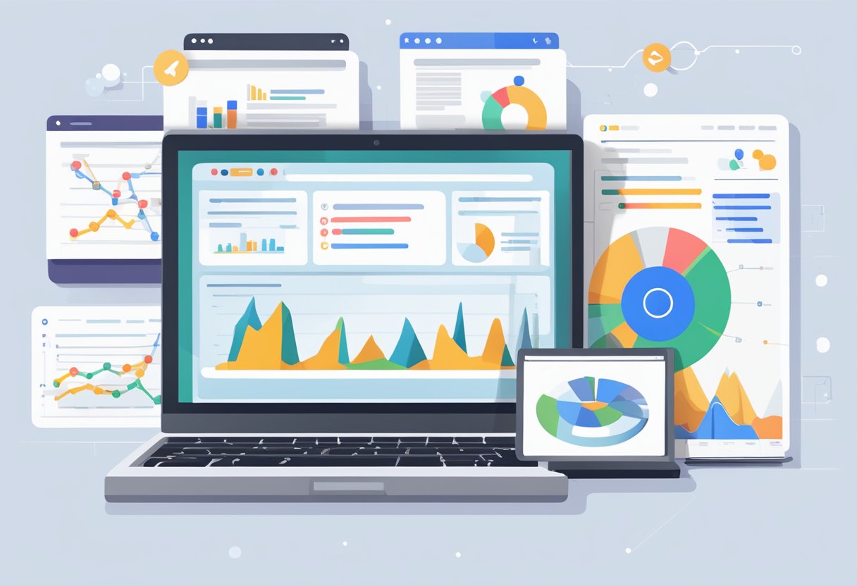 A laptop displaying Finresi's website ranking higher in search results, surrounded by charts and graphs showing increased web traffic and engagement