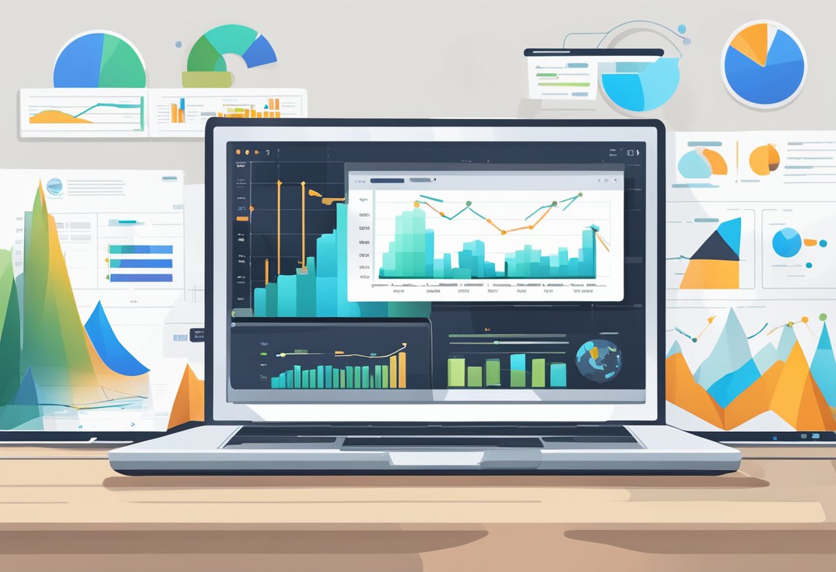 A laptop surrounded by charts and graphs, with a website displayed on the screen showing increased traffic and engagement