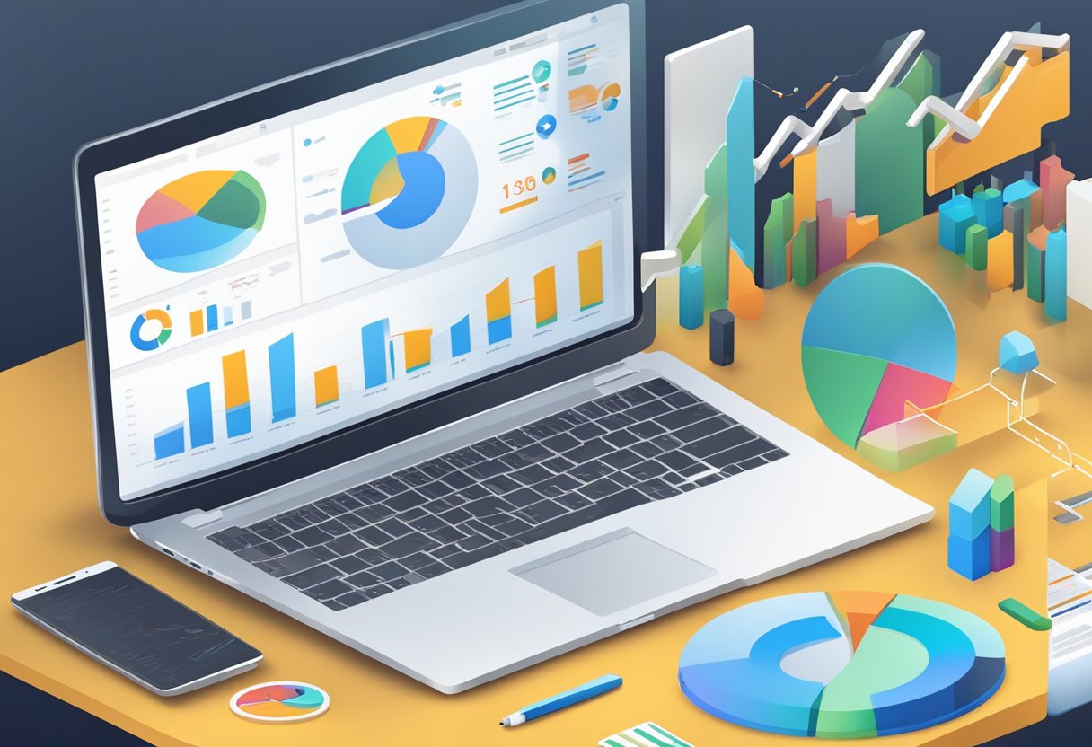 A laptop displaying a website's analytics dashboard with upward trending graphs and charts, surrounded by various SEO marketing tools and resources