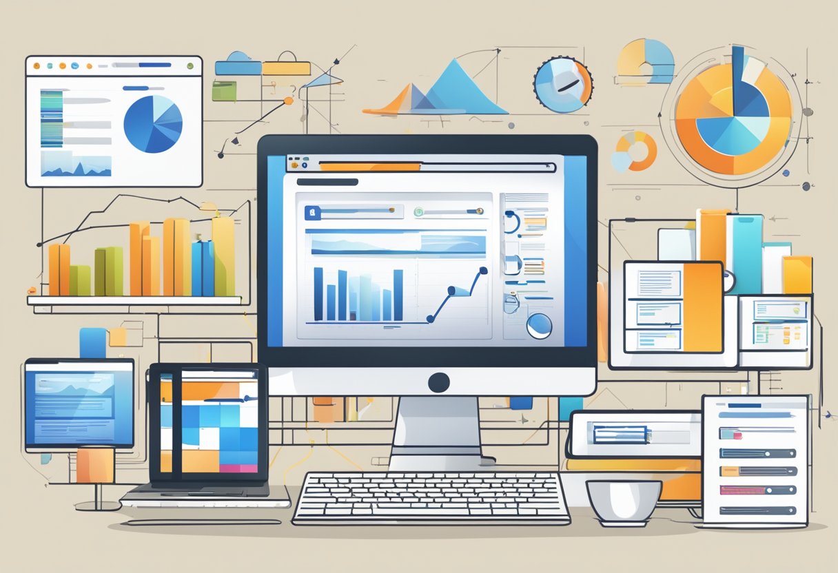 A computer screen displaying a website's traffic and ranking improvements, surrounded by various SEO tools and charts