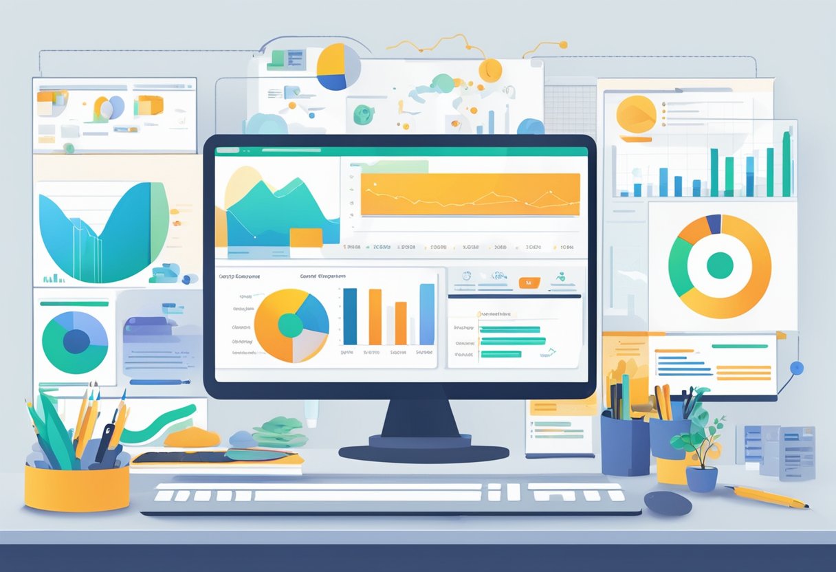 A computer screen with a graph showing Finresi's SEO improvement, surrounded by Christine Jiyoun's marketing strategies and data analysis tools