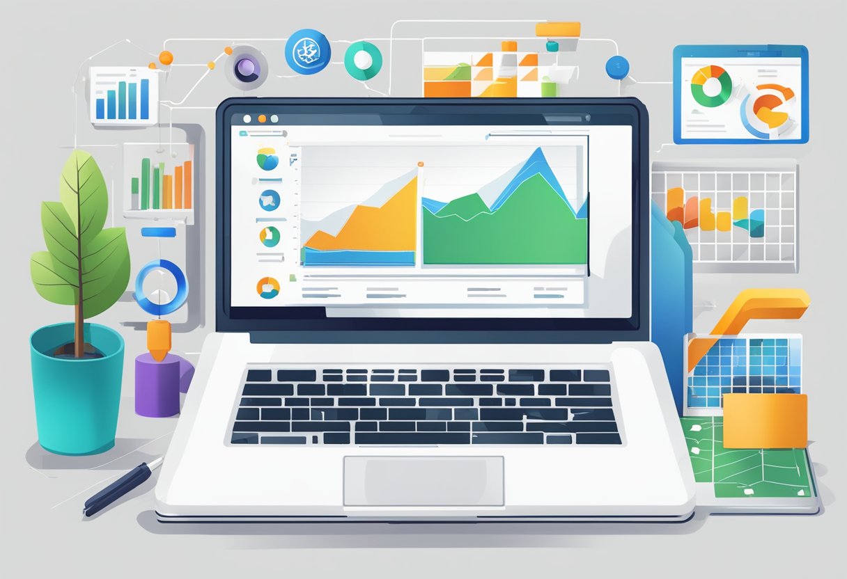 A laptop displaying a website's technical SEO improvements, with charts and graphs, surrounded by digital marketing tools and resources