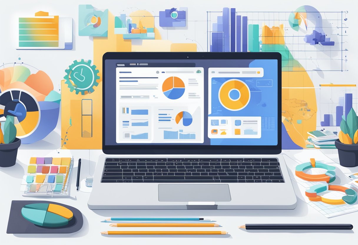 A laptop displaying Christine Jiyoun's SEO marketing services website, surrounded by digital marketing tools and charts