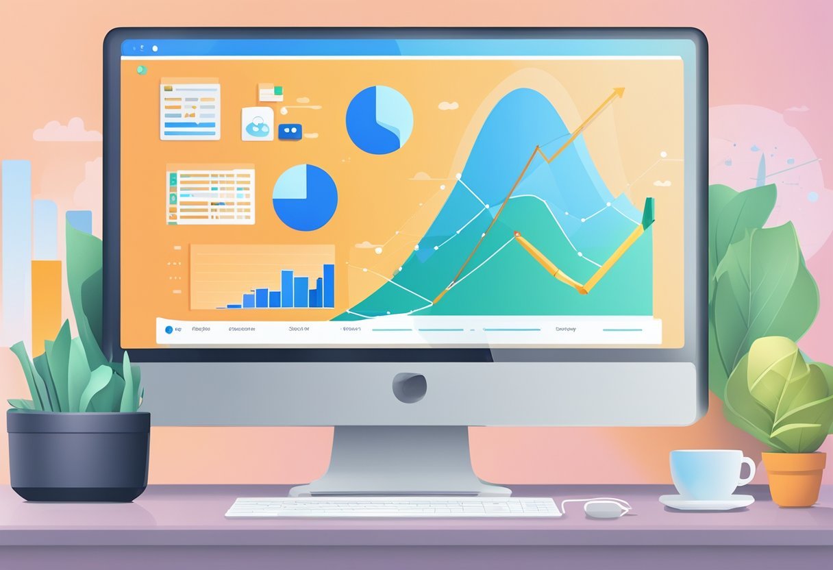 A computer screen displaying a website's analytics dashboard, with various charts and graphs showing increased traffic and engagement. A laptop with a logo of "Christine Jiyoun's SEO Marketing Services" is placed next to it