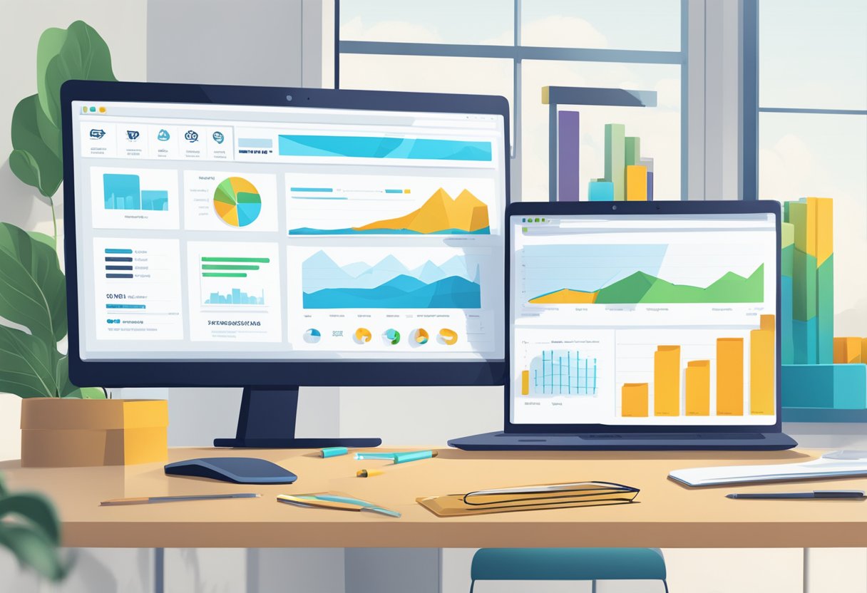 A laptop displaying Finresi's website ranking on a desk with SEO analytics charts and graphs