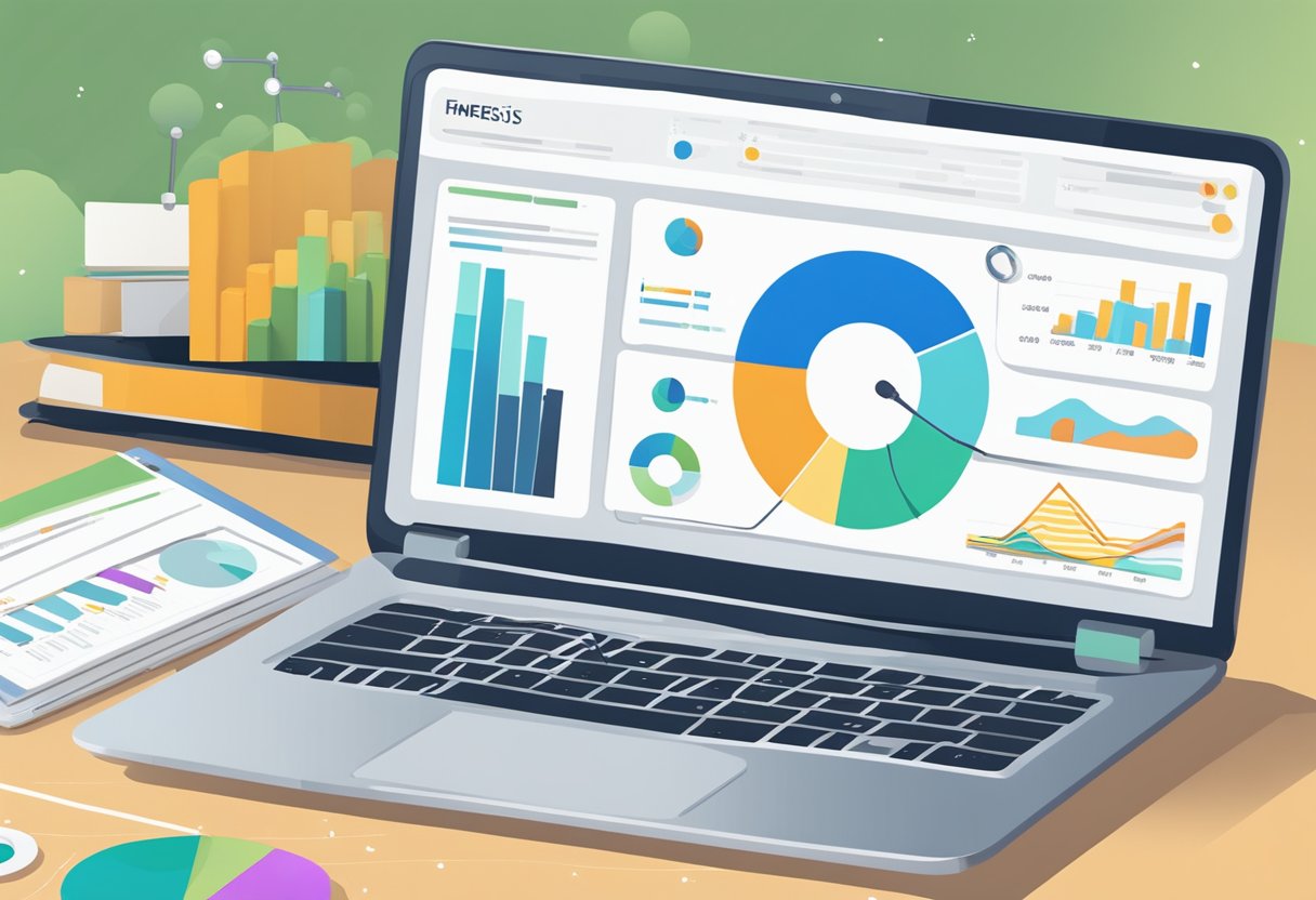 A laptop displaying Finresi's website analytics, surrounded by charts and graphs, with a magnifying glass highlighting keywords