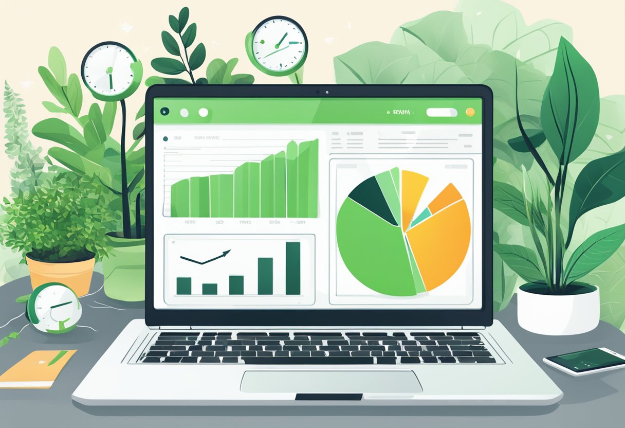 A laptop surrounded by vibrant green plants, with a graph showing steady growth, and a website with high SEO ranking on the screen